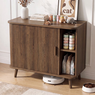 Cat Litter Box Enclosure with Sliding Doors, Wooden Cat Furniture Cabinet with 2 Storage Shelves & Top Table, Kitty-Friendly Round Entry, Hide Messy,Walnut