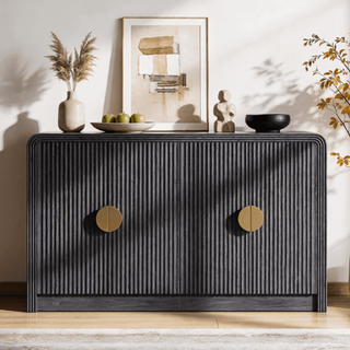 Easoger 55 Inch Fluted Buffet Sideboard Storage Cabinet, Black Mid-Century Modern Credenza Console Table with Adjustable Shelves, Wavy Grain Doors, Anti-Tip for Dining Room, Living Room, Entryway