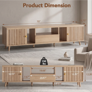 Easoger 70" TV Stand for TVs Up to 75", Modern Farmhouse Entertainment Center with 2 Doors & Open Storage, Oak Finish with Lattice Door Design, Media Console