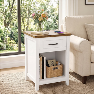Easoger Farmhouse Nightstand with Charging Station & Large Storage, End Tables with Outlets & USB Ports for Bedroom, White + Walnut