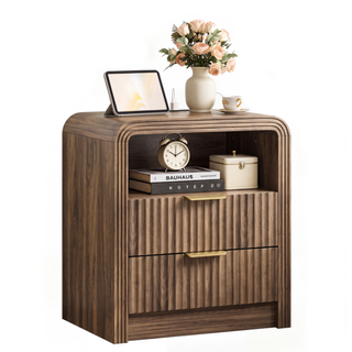Easoger Set of 2 Fluted Nightstand with Charging Station, 19.6" Wide Bedside Table with USB & Type-C Ports, 2 Drawers & Open Shelf, Curved Walnut wood End Table for Bedroom