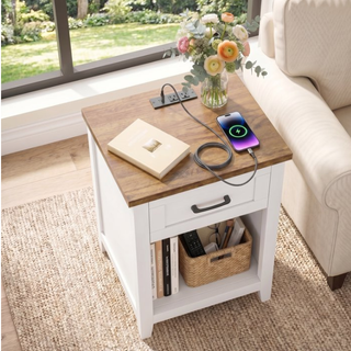 Easoger Farmhouse Nightstand with Charging Station & Large Storage, End Tables with Outlets & USB Ports for Bedroom, White + Walnut