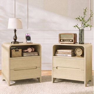 Easoger Nightstand Set of 2 with Drawers, Modern Minimalist Side Table with Storage Shelf, 19" End Table for Bedroom Living Room, Oak