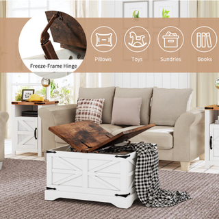 Easoger Farmhouse Coffee Table, Square Wood Center Table with Large Storage Space, Metal Corners for Living Room, White
