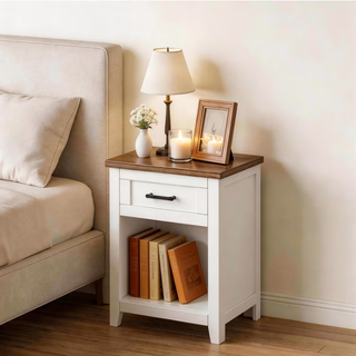 Easoger Farmhouse Nightstand with Charging Station & Large Storage, End Tables with Outlets & USB Ports for Bedroom, White + Walnut