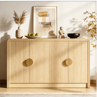 Easoger 55 Inch Fluted Buffet Sideboard Storage Cabinet, Oak Mid-Century Modern Credenza Console Table with Adjustable Shelves, Wavy Grain Doors, Anti-Tip for Dining Room, Living Room, Entryway