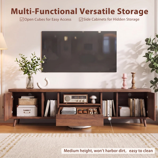 Easoger 70" TV Stand for TVs Up to 75", Modern Farmhouse Entertainment Center with 2 Doors & Open Storage, Walnut Finish with Lattice Door Design, Media Console