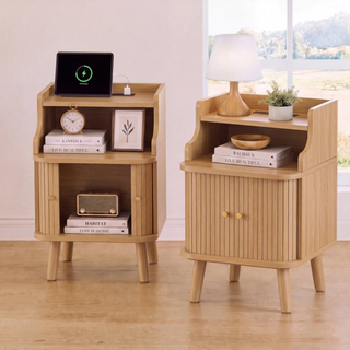 Easoger Fluted Nightstands with Charging Station, Mid-Century Modern Oak Bedside Tables with Tambour Sliding Doors, Hidden Cabinet & Open Shelf, USB/Type-C Ports