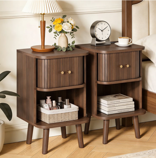 Easoger Set of 2 Fluted Walnut Nightstands with Charging Station, Mid-Century Modern Bedside Tables with Sliding Tambour Doors, Storage Cabinet & Open Shelf for Bedroom