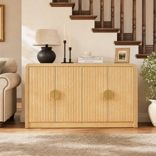 Easoger 55 Inch Fluted Buffet Sideboard Storage Cabinet, Oak Mid-Century Modern Credenza Console Table with Adjustable Shelves, Wavy Grain Doors, Anti-Tip for Dining Room, Living Room, Entryway
