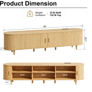 Easoger 90" Curved Oval Sliding Door TV Stand with Built-in Charging Station, Fits Up to 100 Inch TV , for Living Room Bedroom,Oak