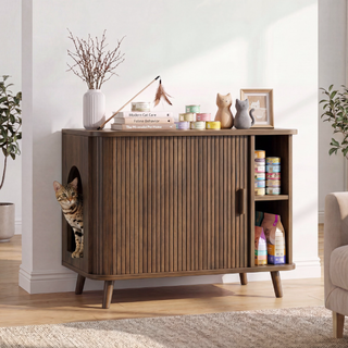 Cat Litter Box Enclosure with Sliding Doors, Wooden Cat Furniture Cabinet with 2 Storage Shelves & Top Table, Kitty-Friendly Round Entry, Hide Messy,Walnut