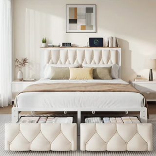 Easoger Full Size Upholstered Platform Bed Frame with 2 Storage Drawers, Charging Station, Noise-Free Metal Slat Support, No Box Spring Needed, Beige Linen