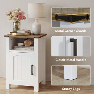Easoger Farmhouse Nightstand with Charging Station, Modern End Tables with Drawer & Cabinet, USB & Type-C Ports, Wood Rustic Bedside Table for Bedroom, White + Walnut