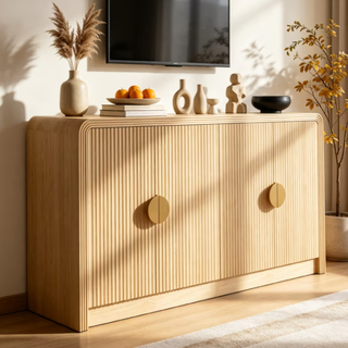 Easoger 55 Inch Fluted Buffet Sideboard Storage Cabinet, Oak Mid-Century Modern Credenza Console Table with Adjustable Shelves, Wavy Grain Doors, Anti-Tip for Dining Room, Living Room, Entryway