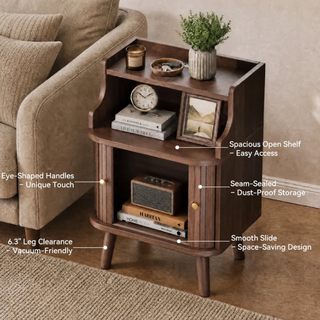 Easoger Fluted Nightstands with Charging Station, Mid-Century Modern Walnut Bedside Tables with Tambour Sliding Doors, Hidden Cabinet & Open Shelf, USB/Type-C Ports