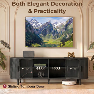 Easoger 65" Sliding Door TV Stand with Charging Station, Fluted Vertical Grille Wood Entertainment Center, Curved Oval Shape Storage Cabinet,Black