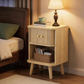 Easoger Set of 2 Fluted Oak Nightstands with Charging Station, Mid-Century Modern Bedside Tables with Sliding Tambour Doors, Storage Cabinet & Open Shelf for Bedroom