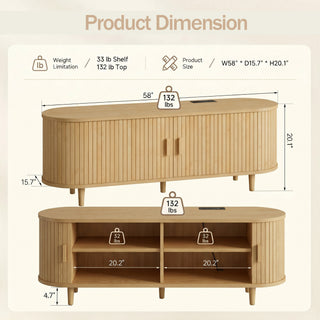 Easoger 58" Sliding Door TV Stand with Charging Station, Fluted Vertical Grille Wood Entertainment Center, Curved Oval Shape Storage Cabinet,Oak