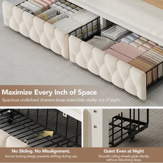 Easoger Full Size Upholstered Platform Bed Frame with 2 Storage Drawers, Charging Station, Noise-Free Metal Slat Support, No Box Spring Needed, Beige Linen